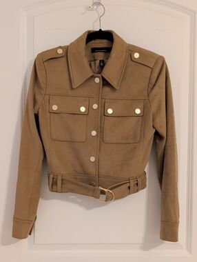 White House Black Market Camel Belted Faux Suede Moto Jacket w/Gold-Tone Buttons